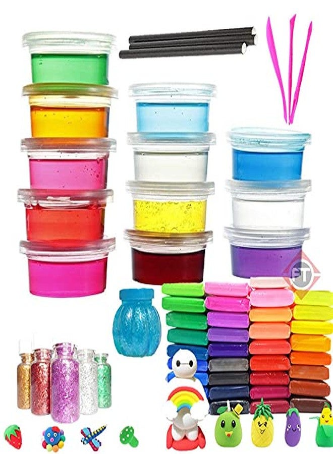 Firstly Traders New Creative Slime Kit with 12 Crystal Slime + 24 Air Dry Clay+ 1 Slime Pot with Free Straws, Tools, Glitter for Kids Boys and Girls Age 3+ Years Slime Putty Toys - Image 1